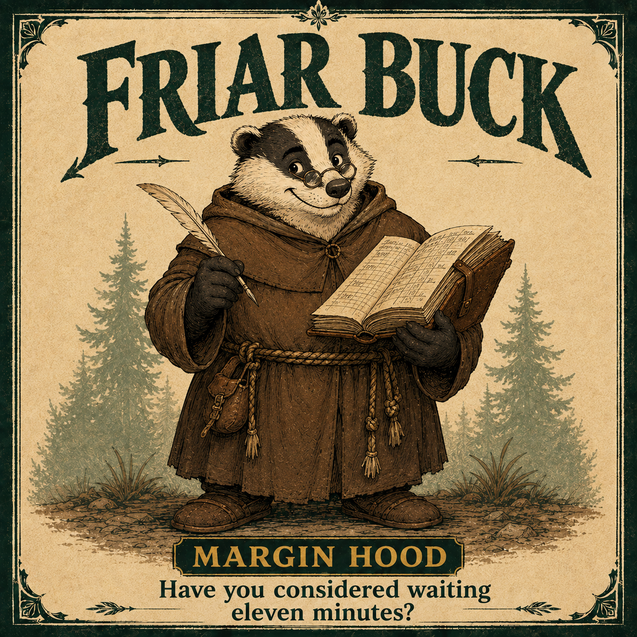 Friar Buck, a black-and-white badger in a brown robe and spectacles, holding an open account ledger and quill