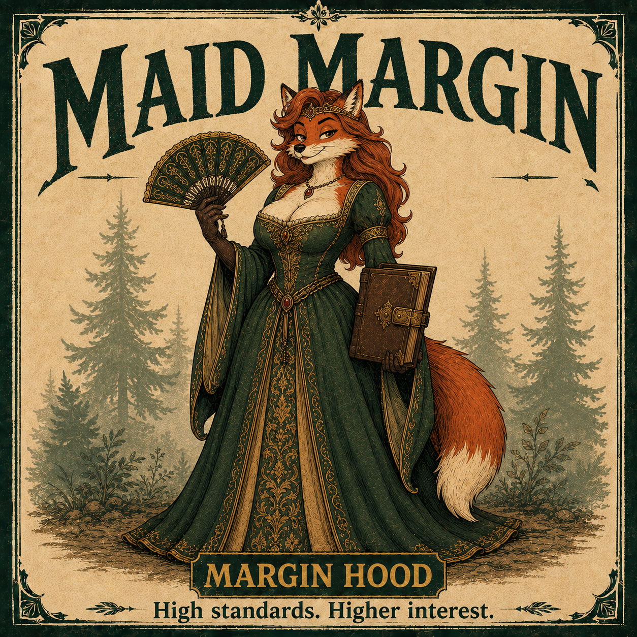 Maid Margin, a curvy adult red fox noblewoman in an embroidered emerald gown and gold circlet, holding a fan and leather ledger