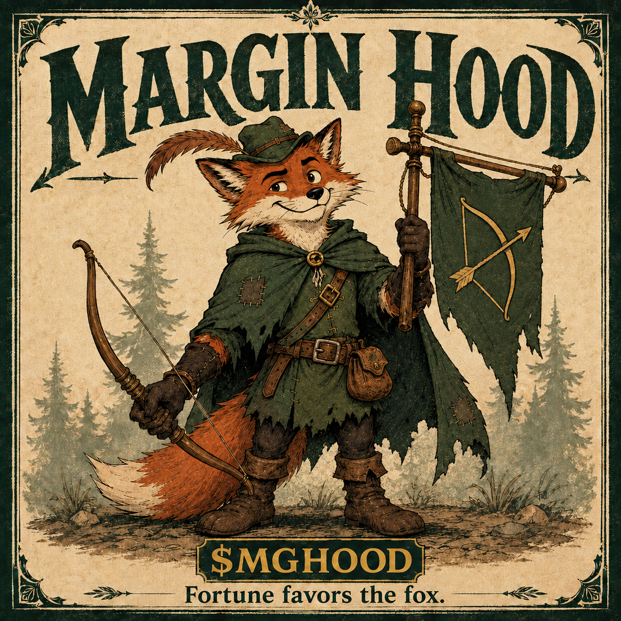 Margin Hood, a confident fox outlaw holding his bow and the Merry Band banner